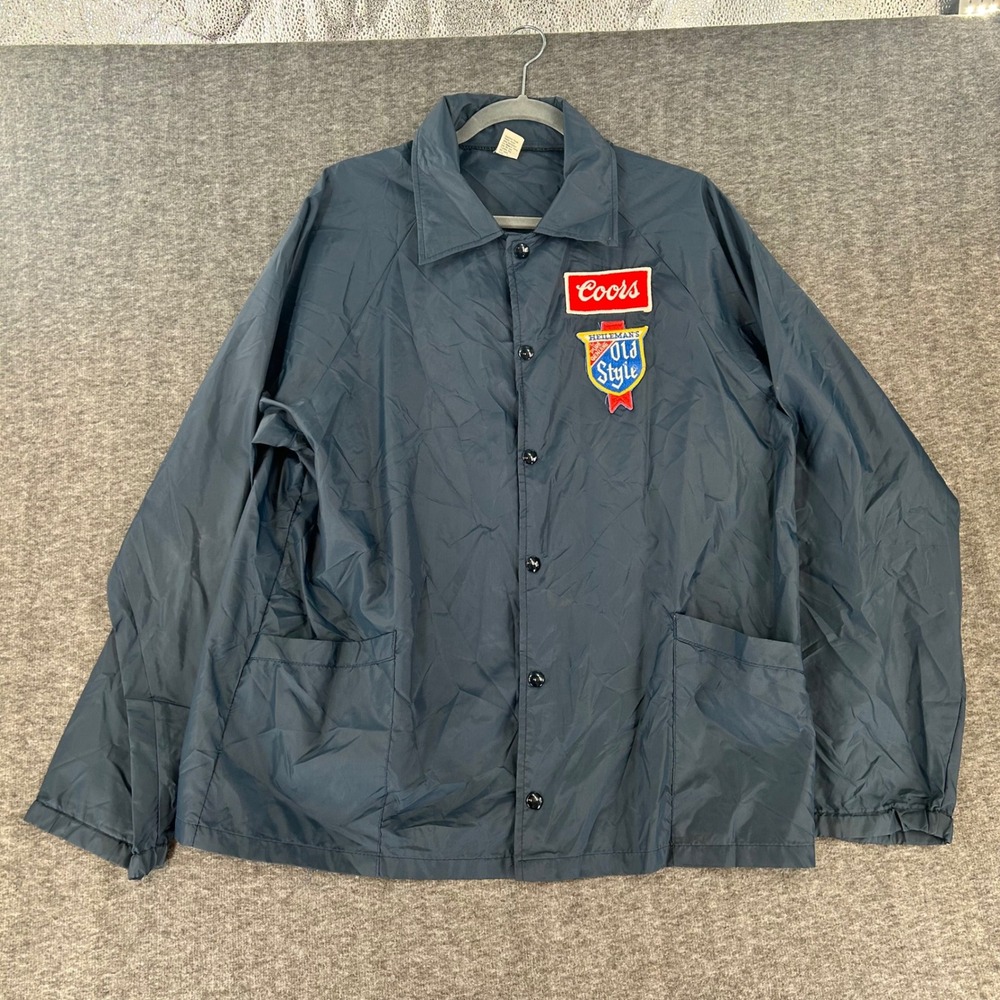 VTG Mens Blue Nylon Coaches Jacket Coors Old Style Beer Patches Large 80s 90s